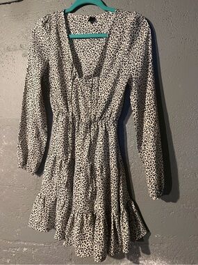 SHEIN Black and White Leopard Print Long Sleeve Tiered Dress